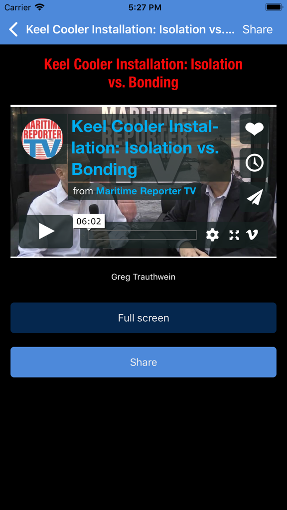 Maritime Global News - Video player in the Maritime Global News app displaying a technical segment on keel cooler installation
