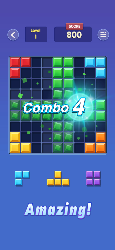 Interfaz del juego Block Master que muestra un rompecabezas de bloques de juguete en una cuadrícula de 9x9 con una animación de combo.