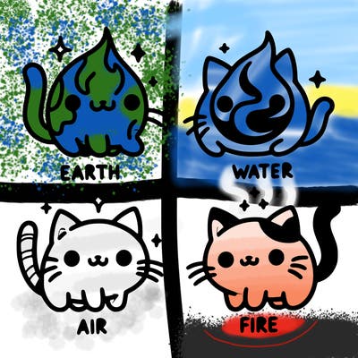 4 cats that represent the different elements, earth, water, air, and fire
