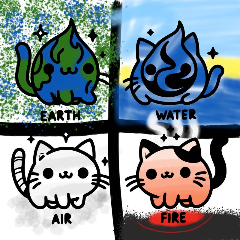 4 cats that represent the different elements, earth, water, air, and fire