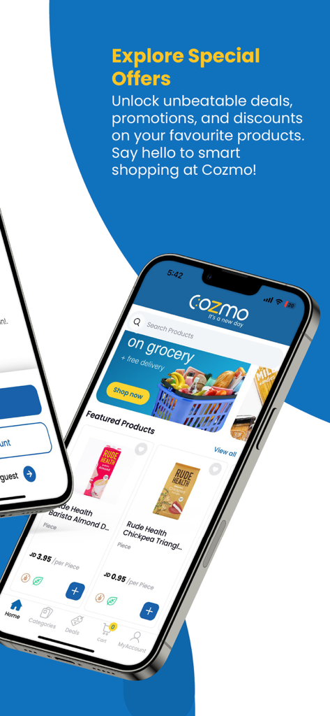 Cozmo.jo app interface showing special offers and featured grocery products