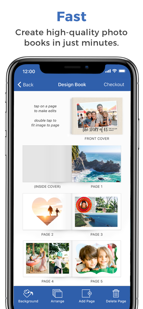 FreePrints Photobooks - A smartphone displaying the design screen of the FreePrints Photobooks app showing various page layouts and family photos.