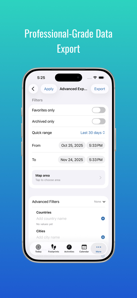 MeTrail - MeTrail app interface showing advanced data export filters for location history