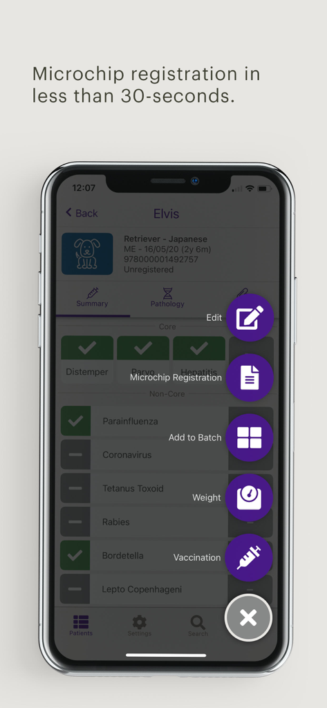 Vedi mobile app screen showing microchip registration and pet vaccination health records