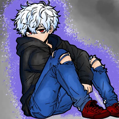 a male hoddie ripped jeans messy hair anime