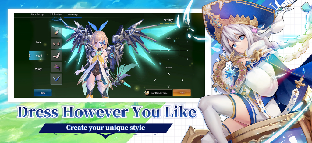 Pantalla de personalización de personajes de Aura Kingdom 2 Evolution mostrando opciones de alas y atuendos