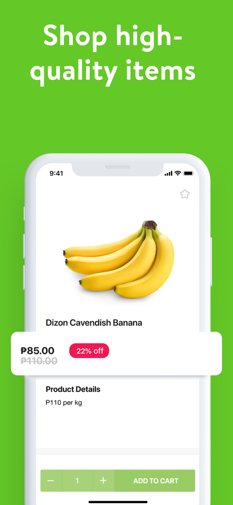 MetroMart: #1 Grocery Delivery - A mobile screen from the MetroMart app displaying fresh Dizon Cavendish Bananas with a 22 percent discount and an add to cart button.