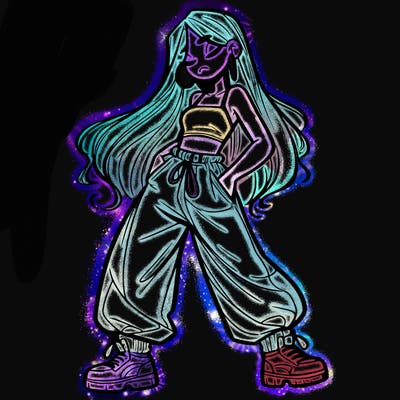 girl in baggy pants crop top and long hair