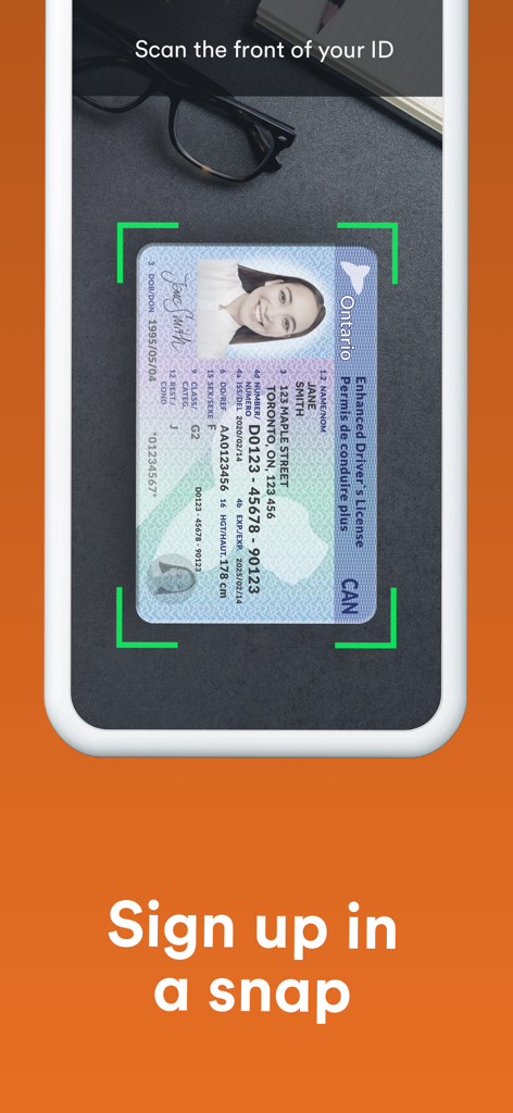Tangerine Mobile Banking - A smartphone screen showing the Tangerine app's digital ID scanning feature for quick signup.