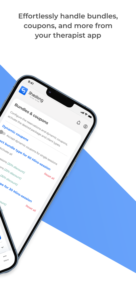 Ein Smartphone, das die Benutzeroberfläche der Shezlong Therapeut App zur Verwaltung von Sitzungspaketen und Rabattgutscheinen anzeigt