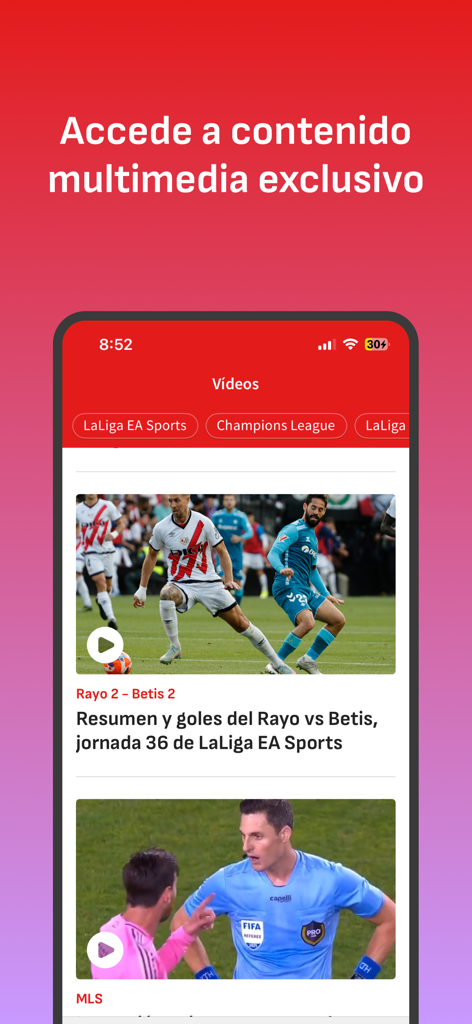 Interfaz de la aplicación de noticias deportivas AS que muestra una galería de resúmenes de video exclusivos de partidos de fútbol