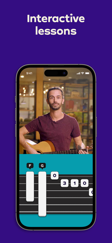 Guitar Tuner - Simply Tune - Simply Tune app screenshot showing an interactive guitar lesson with a video teacher and a visual fretboard