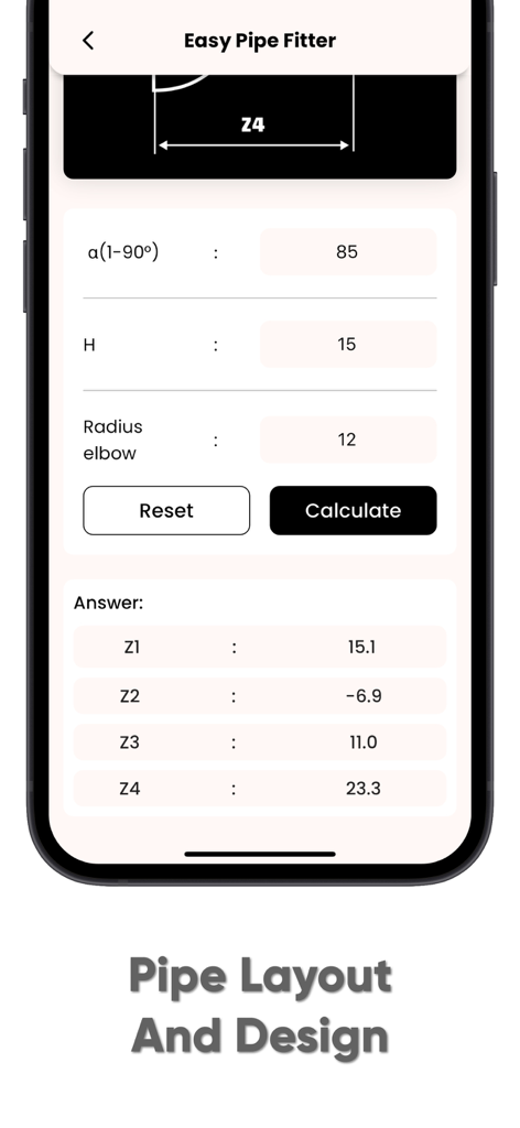 Easy Pipe Fitter - Pipe layout and design calculation screen in the Easy Pipe Fitter app showing input fields and calculated answers.