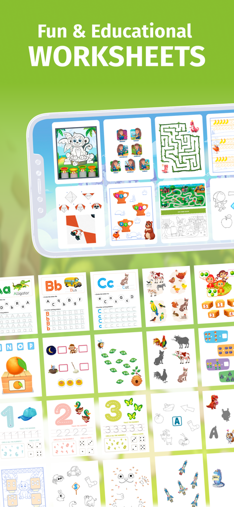 A collection of fun and educational worksheets for kids featuring alphabet tracing, counting, mazes, and coloring activities.