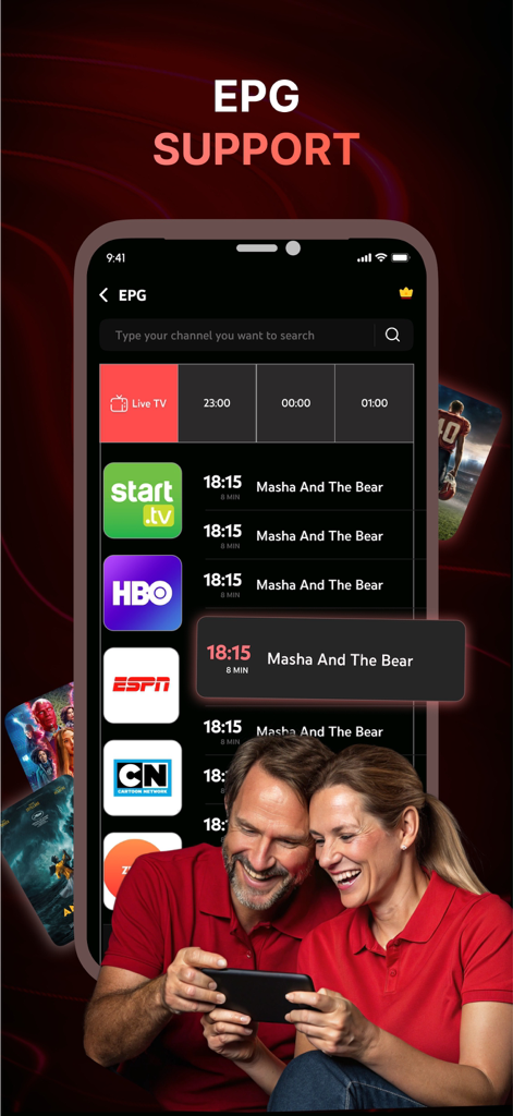Oberfläche des IPTV Live Players, die EPG-Unterstützung und TV-Kanalpläne anzeigt