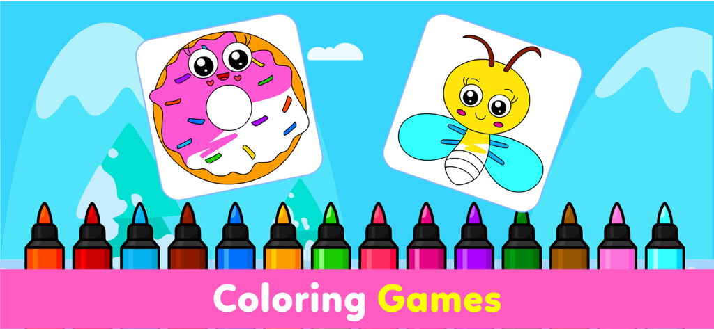 Toddler Car Games For Kids 2 5 - 幼児向けのデジタル塗り絵ゲームのインターフェースで、ドーナツと蜂のキャラクター、カラフルなマーカーの列が特徴