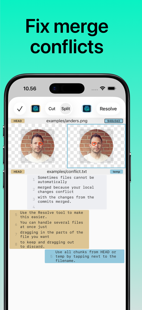 Git client - Working Copy - Working Copy iOS App-Bildschirm zeigt die Werkzeuge zur Lösung von Git-Merge-Konflikten für Bilder und Textdateien.