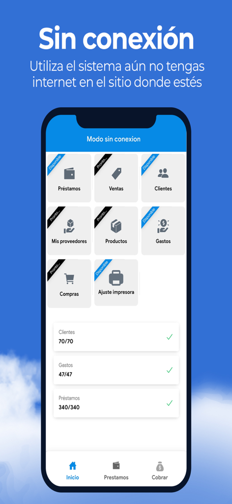 Interfaz de la aplicación Préstamos CLOUD que muestra su funcionalidad de modo sin conexión para gestionar préstamos y clientes sin internet