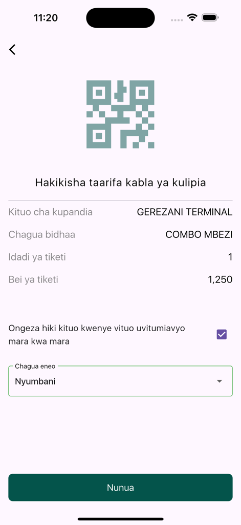 Mwendokasi app ticket purchase confirmation screen with QR code and station details