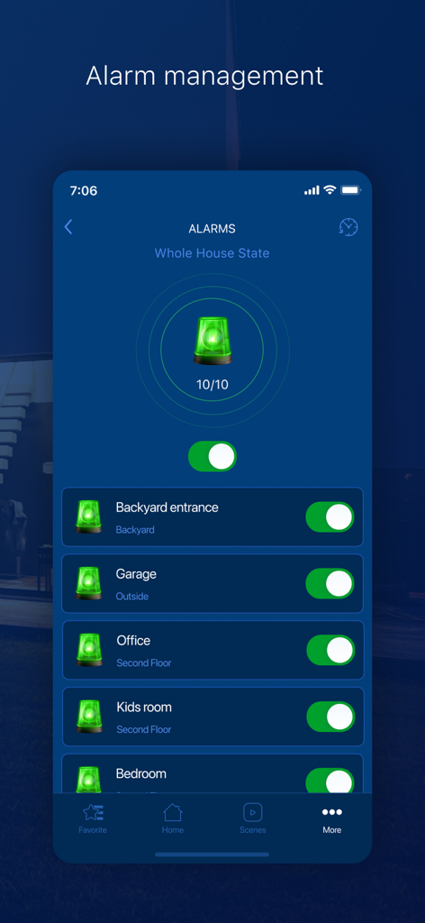 Interfaz de aplicación de hogar inteligente mostrando la gestión de alarma de seguridad para varias habitaciones