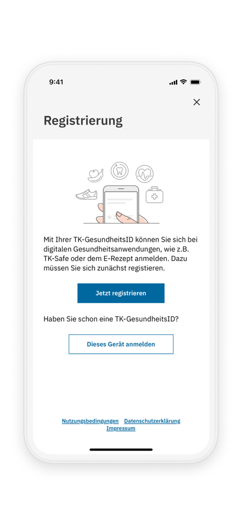 Registration screen of the TK-Ident app showing options to create a digital health ID.