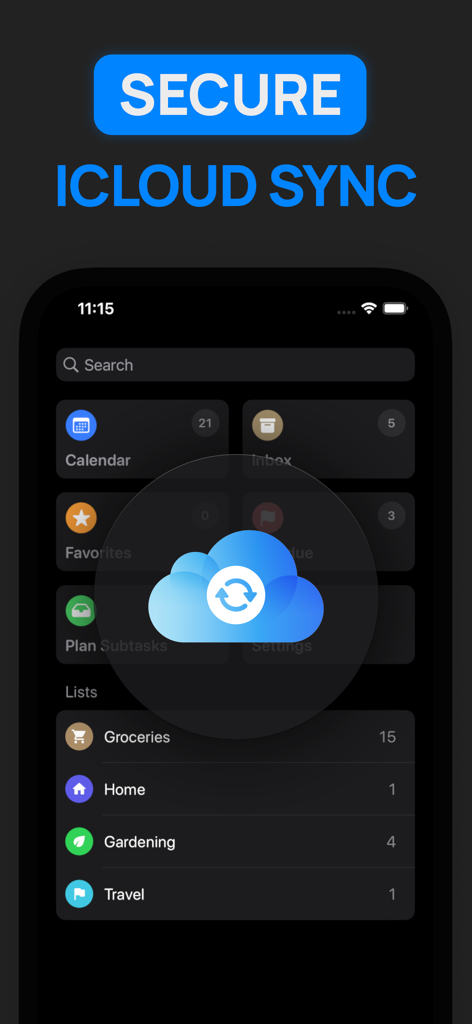 SuperPlanner: Daily Planner - SuperPlanner app interface showing secure iCloud sync and task organization lists