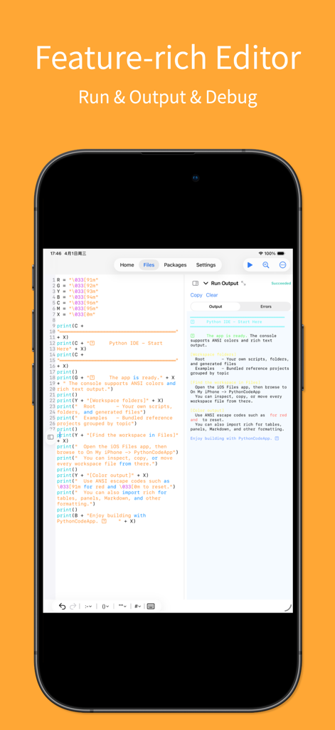 Python Code App - IDE & Editor - Interfaz del editor de código Python en un smartphone mostrando el script y la salida de ejecución