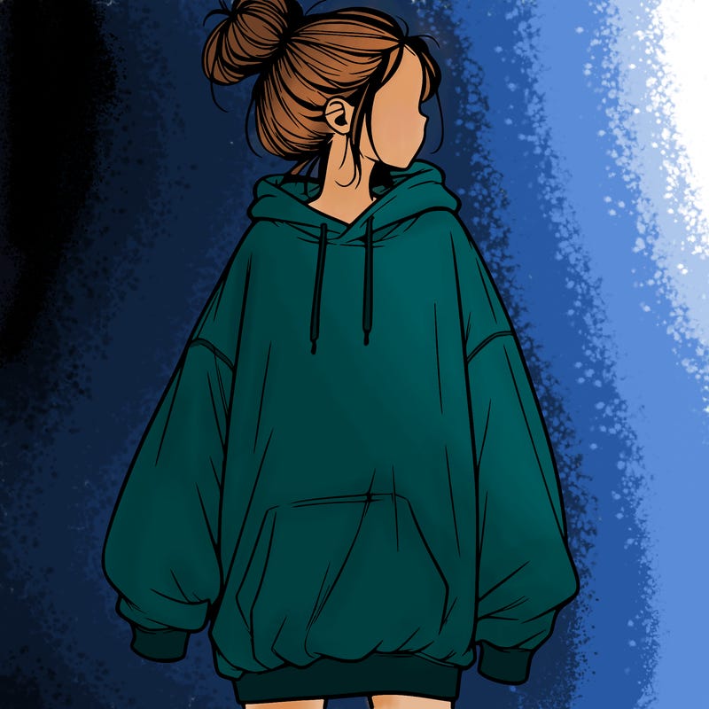 realistic girl with a oversized sweatshirt on and a bun