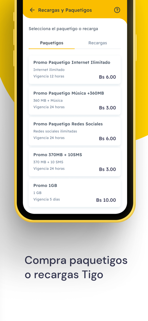 Tigo Money Bolivia - Mobile interface of Tigo Money Bolivia showing various prepaid data and SMS bundle options known as Paquetigos.