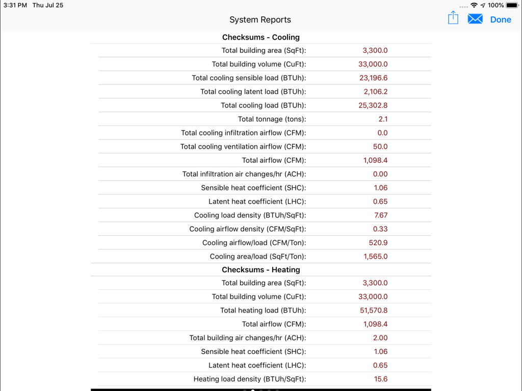 HVAC ResLoad-J - HVAC ResLoad J app system reports screen showing cooling and heating load checksum calculations