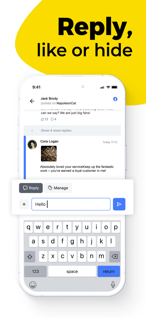 NapoleonCat mobile app interface showing a social media inbox with options to reply like or hide customer comments