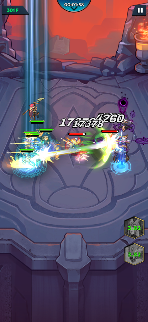 Fortias Saga: Idle RPG - Gameplay screenshot of heroes using special abilities in a dungeon battle in Fortias Saga Idle RPG.