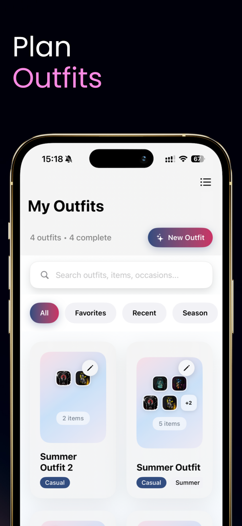 Closet & Outfit Organizer - A mobile app interface showing organized summer outfits with planning features and a search bar.