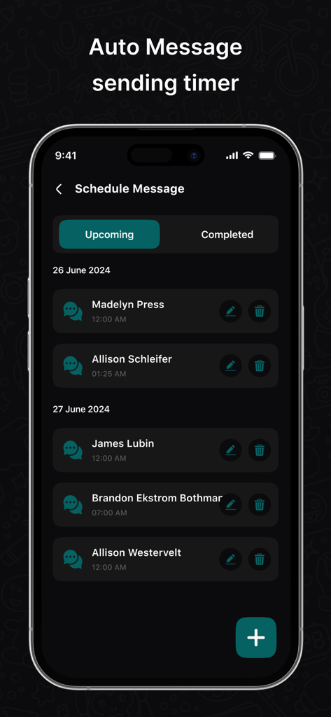AutoResponder for WA - A mobile phone screen displaying the Schedule Message feature of the AutoResponder for WA app showing a list of upcoming automated messages for various contacts.