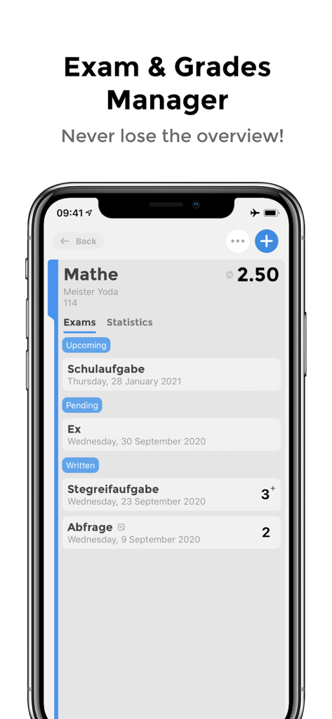Notenapp - digital school tool - Tela do celular do Notenapp mostrando gerenciamento de exames e acompanhamento de notas para uma disciplina de matemática