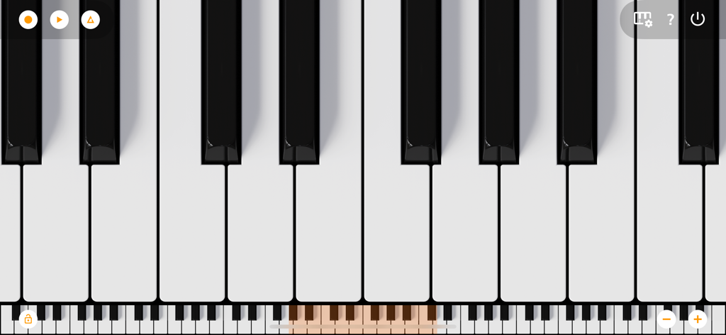 Mini Piano Pro - Oberfläche von Mini Piano Pro, die eine reaktionsschnelle Multitouch-Tastatur mit Zoom- und Aufnahmefunktionen zeigt