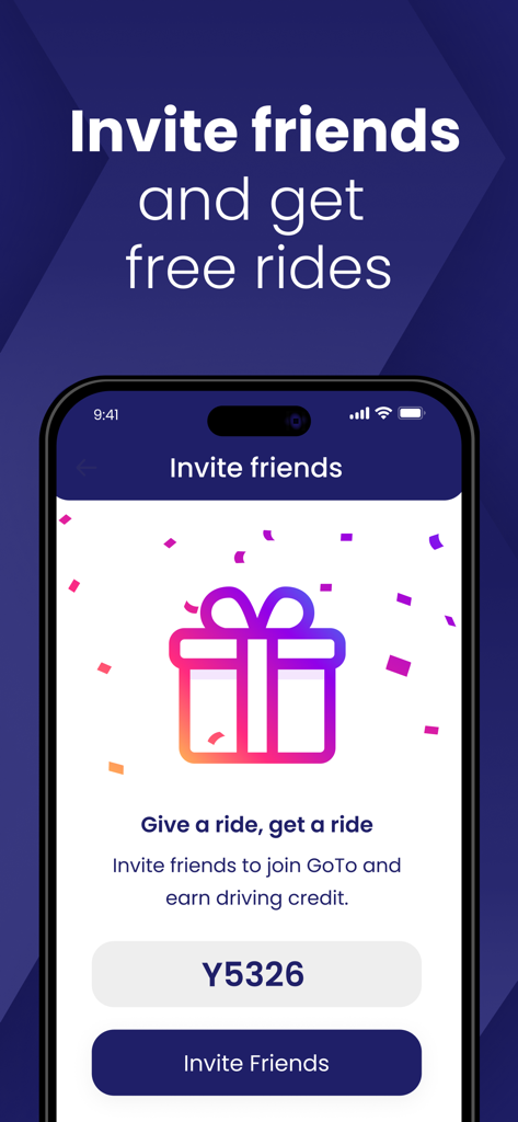 GoTo (CAR2GO) Shared Mobility - Pantalla de programa de referidos de la app de movilidad compartida GoTo mostrando el programa de invitar amigos para ganar crédito de conducción