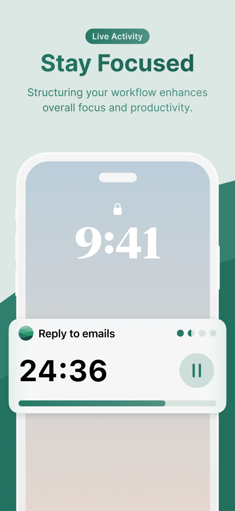 Flow: Focus & Pomodoro Timer - Pantalla de bloqueo del iPhone mostrando un temporizador de Actividad en Vivo de la aplicación Flow para la tarea responder correos electrónicos