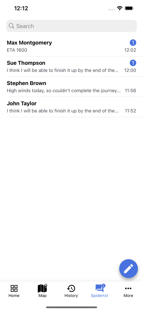 Spidertracks app showing the Spidertxt satellite messaging inbox for pilots