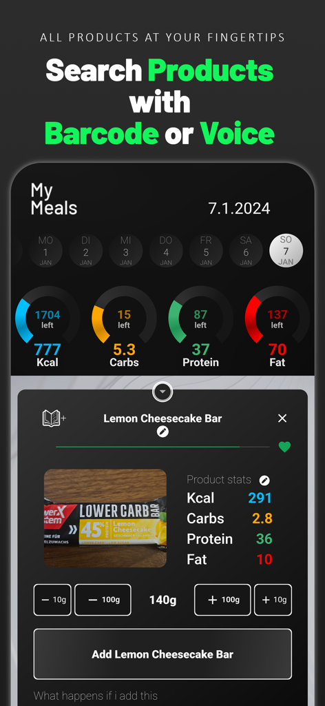 Easy Keto Diet Carb Manager - Daily macro progress dashboard and keto product search results in the Easy Keto Diet app.