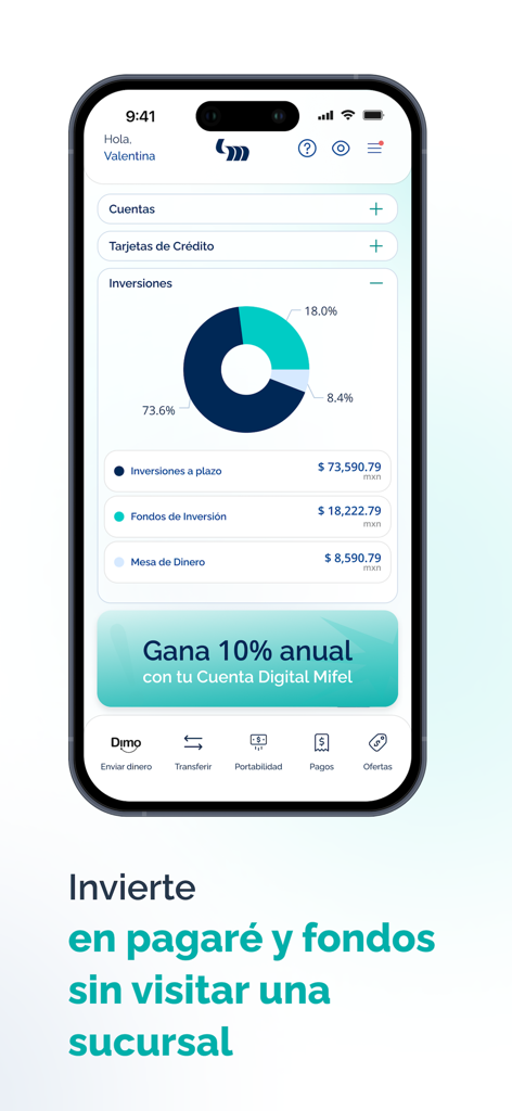 Mifel - Mifel mobile app interface displaying an investment portfolio with a circular chart and account balances.