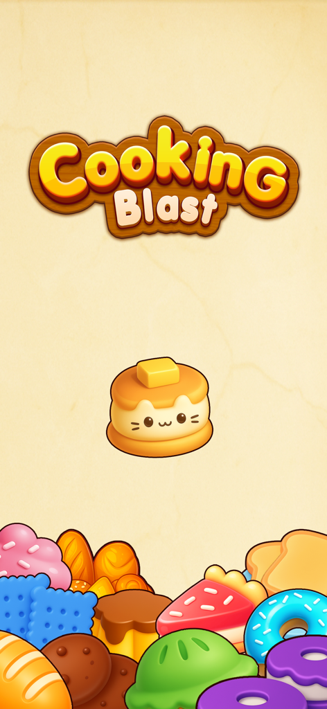Cooking Blast 3D: Hexa Match - Cooking Blast 3D game splash screen featuring a cute cat shaped pancake and various colorful desserts