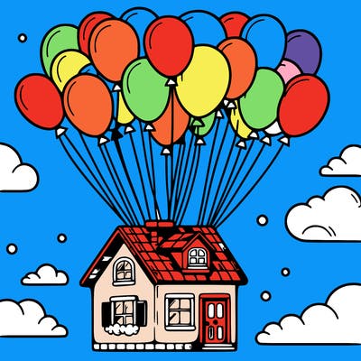 house floating from lots of balloons