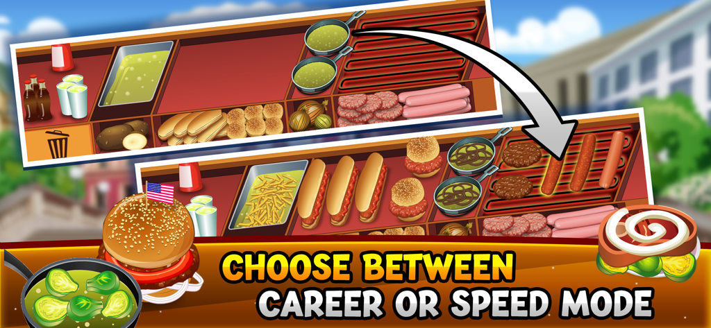 Una pantalla de juego de Hot Dog Bush que muestra la configuración de la cocina de un camión de comida con hamburguesas y hot dogs y texto que resalta los modos carrera o velocidad.