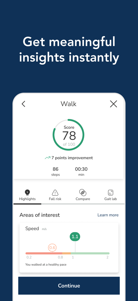 Physical Therapy by OneStep - Physical Therapy by OneStep app interface showing walking analysis score and speed metrics.