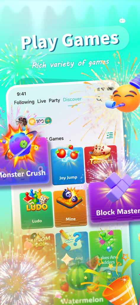 A menu of casual mobile party games within the Gameta app interface featuring colorful icons for Ludo and Block Master.