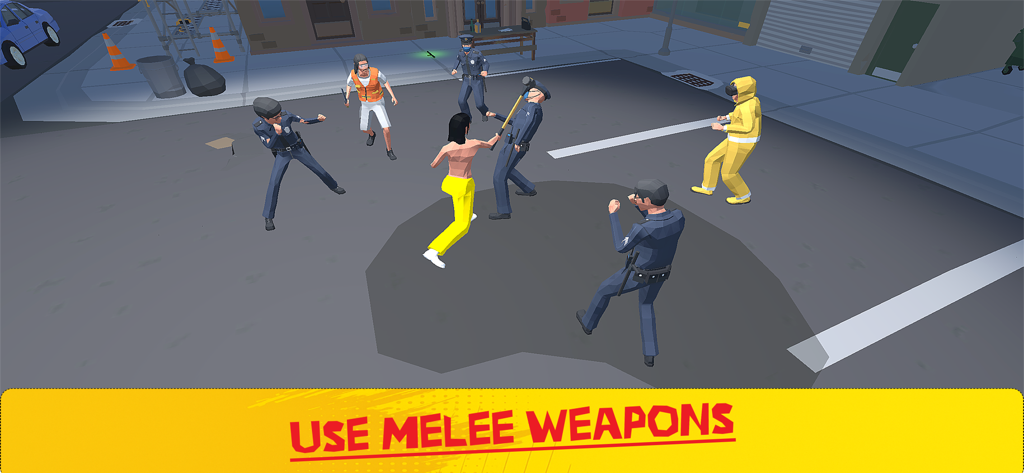 Street Knockout: 1vsGang Fight - Gameplay screenshot showing a street fighter using a melee weapon against multiple enemies with the text Use Melee Weapons