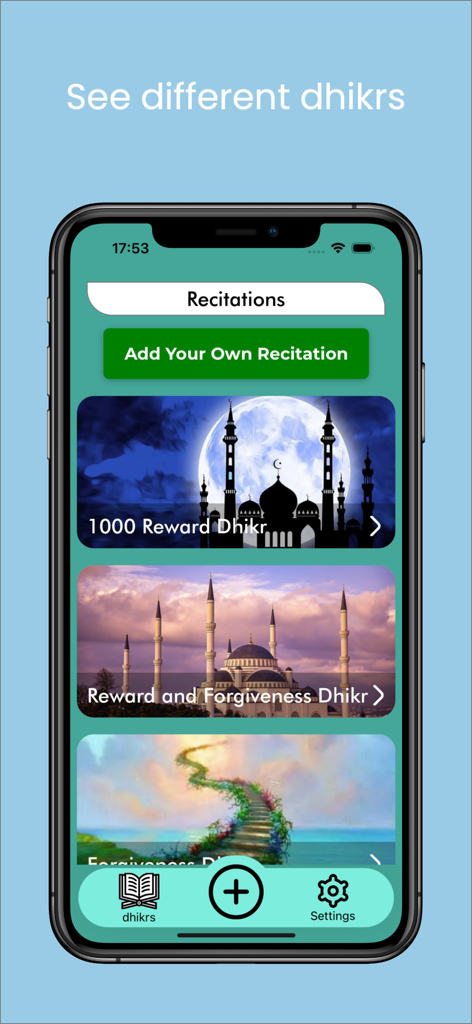 Zikirmatik: Sesli Zikirler - Interface of Zikirmatik app showing various dhikr recitation categories and a button to add custom recitations
