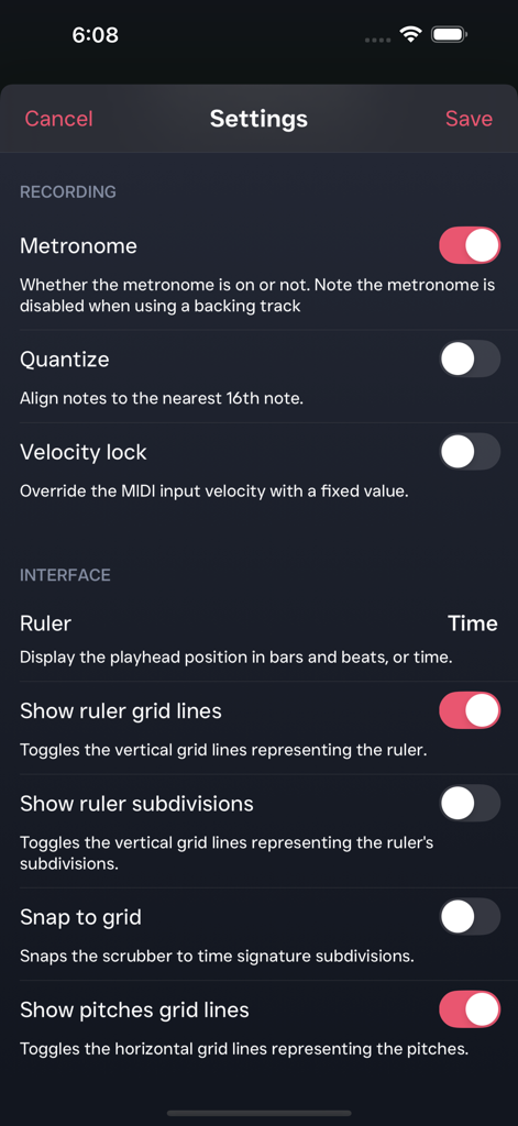 Note Spark - Note Spark app settings menu with recording and interface configuration options
