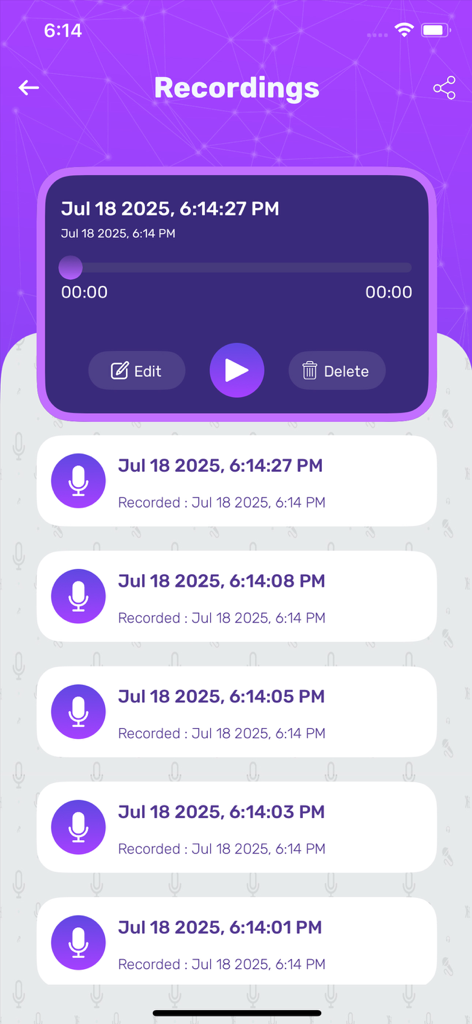 Speech Jammer° - A list of saved voice recordings within the Speech Jammer app featuring playback and edit options